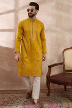 Mustard Silk Blend Embroidered Mandarin Collar Straight Kurta With Trouser MKSET1887