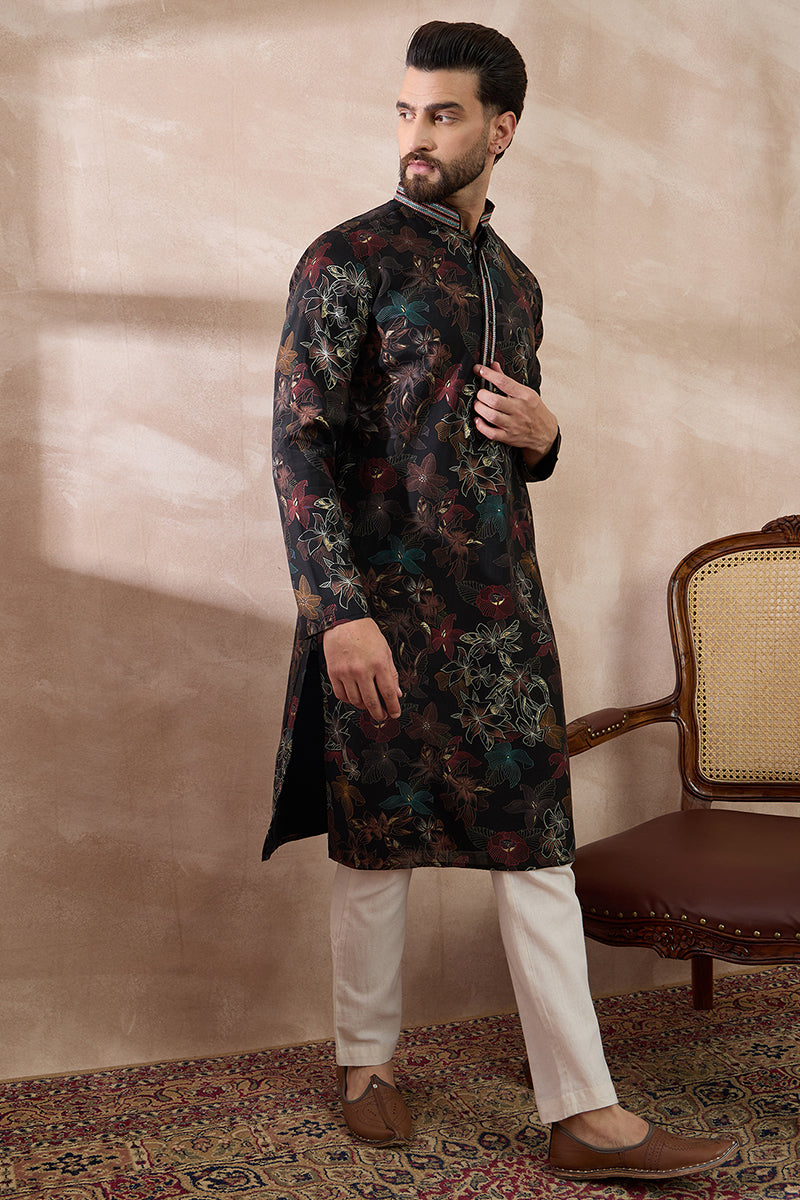 Black Silk Blend Printed Mandarin Collar Straight Kurta MKU1956