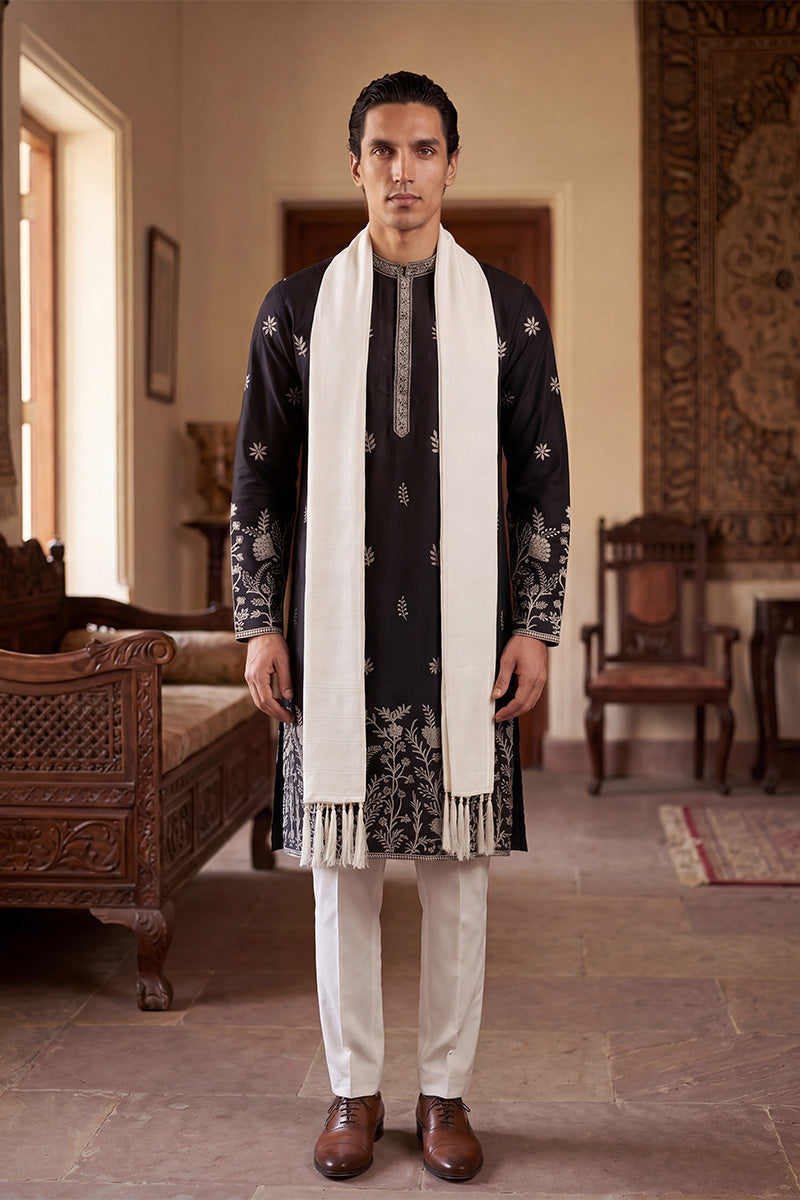 Black Silk Blend Solid Embroidered Straight Kurta Sets MKUD1782