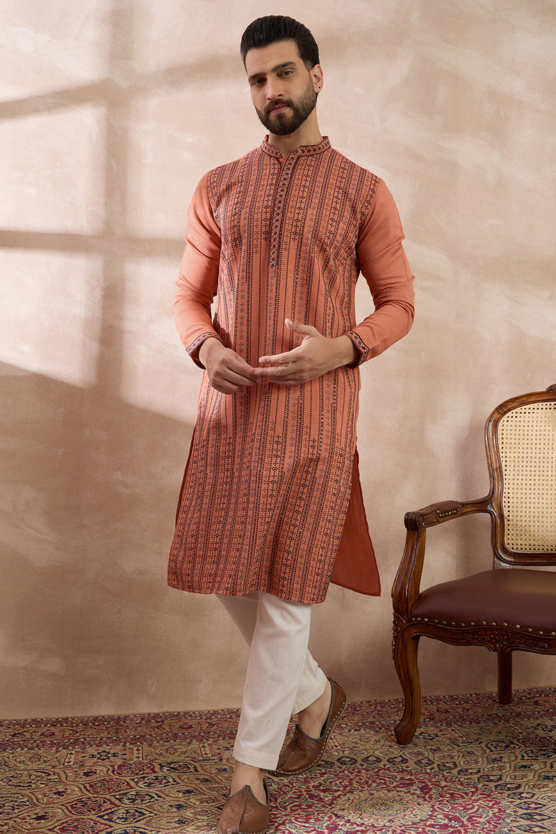 Orange Silk Blend Embroidered Indian Wear for Men MKSET2043 | DesiQlo