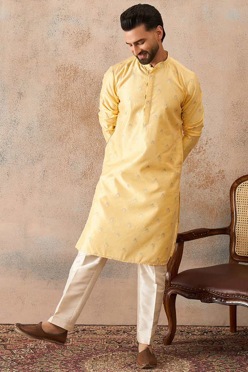 Yellow Silk Blend Floral Straight Kurta With Dupatta MKSET2216
