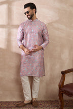 Lavender Silk Blend Printed Mandarin Collar Straight Kurta With Trouser MKSET1985