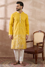 Yellow Silk Blend Embroidered Mandarin Collar Straight Kurta MKU2052