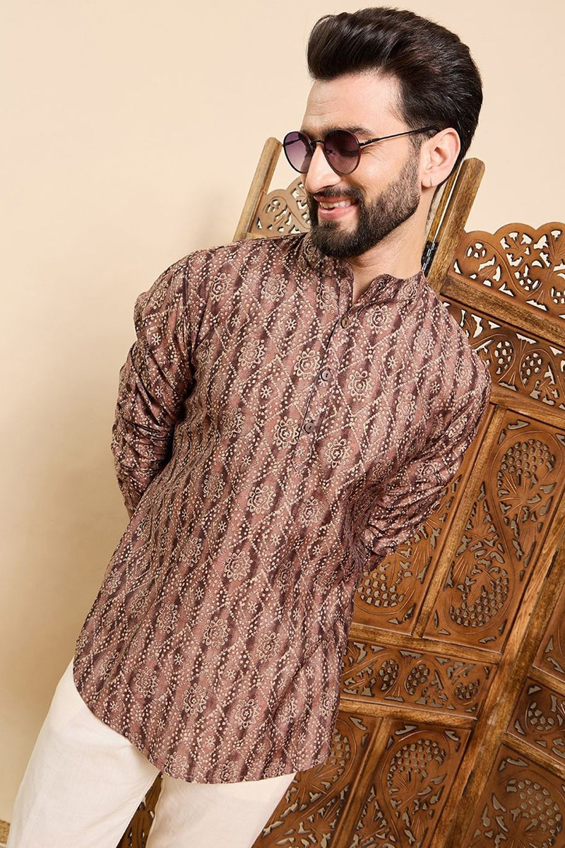 Brown Cotton Geometric Printed Straight Kurta HOPMSKU1008BWN