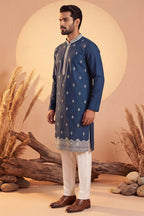 Silk Blend Blue Solid Embroidered Calf Length Straight Kurta With Trousers MKSET2274