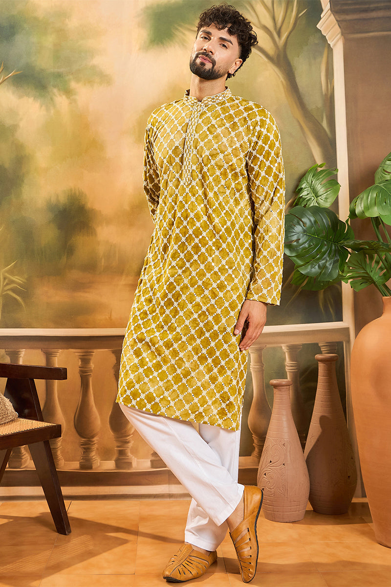 Yellow Viscose Rayon Shibori Embroidered Straight Kurta MKU1415
