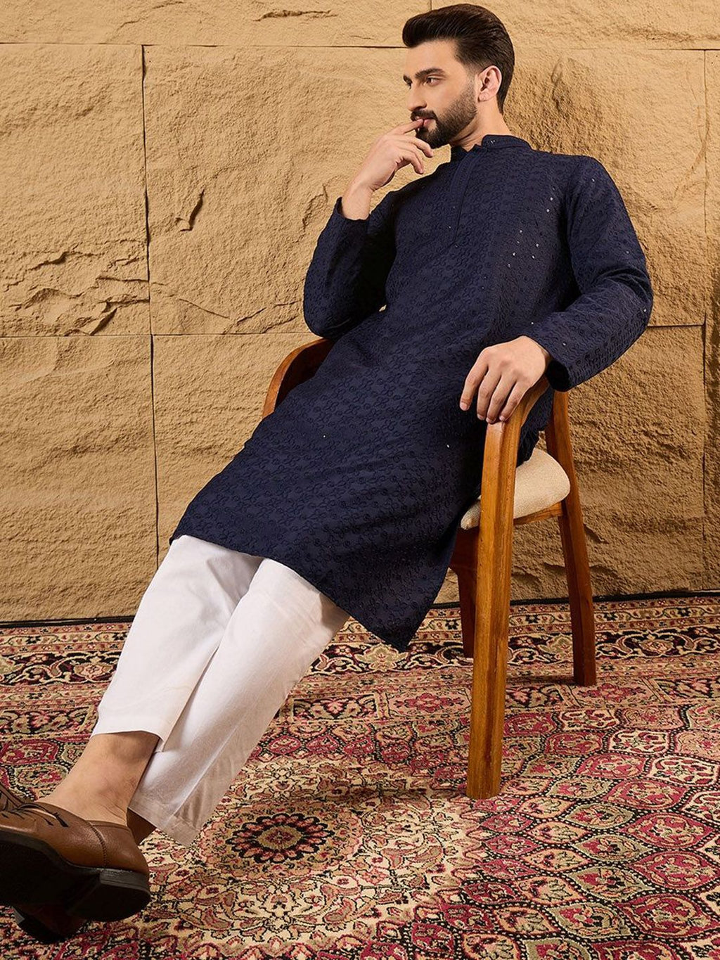 Men Blue Viscose Rayon Solid Embroidered Straight Kurta With Pant Set-MKSET1187