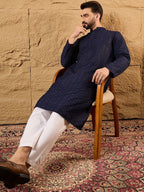 Men Blue Viscose Rayon Solid Embroidered Straight Kurta With Pant Set-MKSET1187