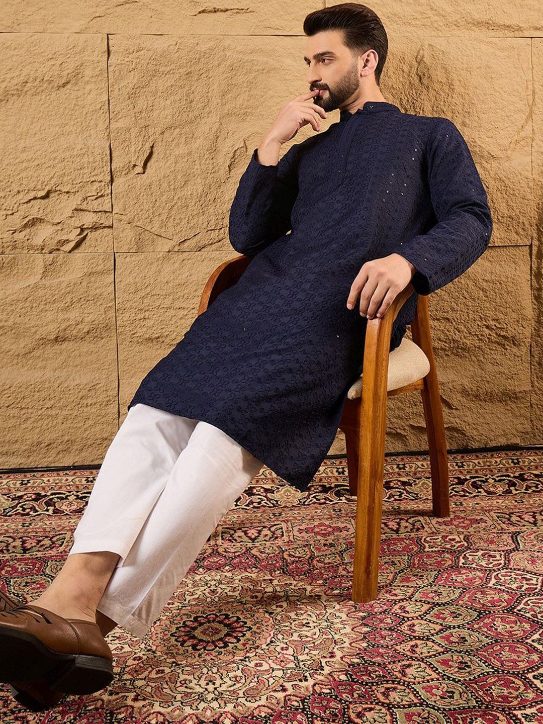 Men Blue Viscose Rayon Solid Embroidered Straight Kurta With Pant Set-MKSET1187