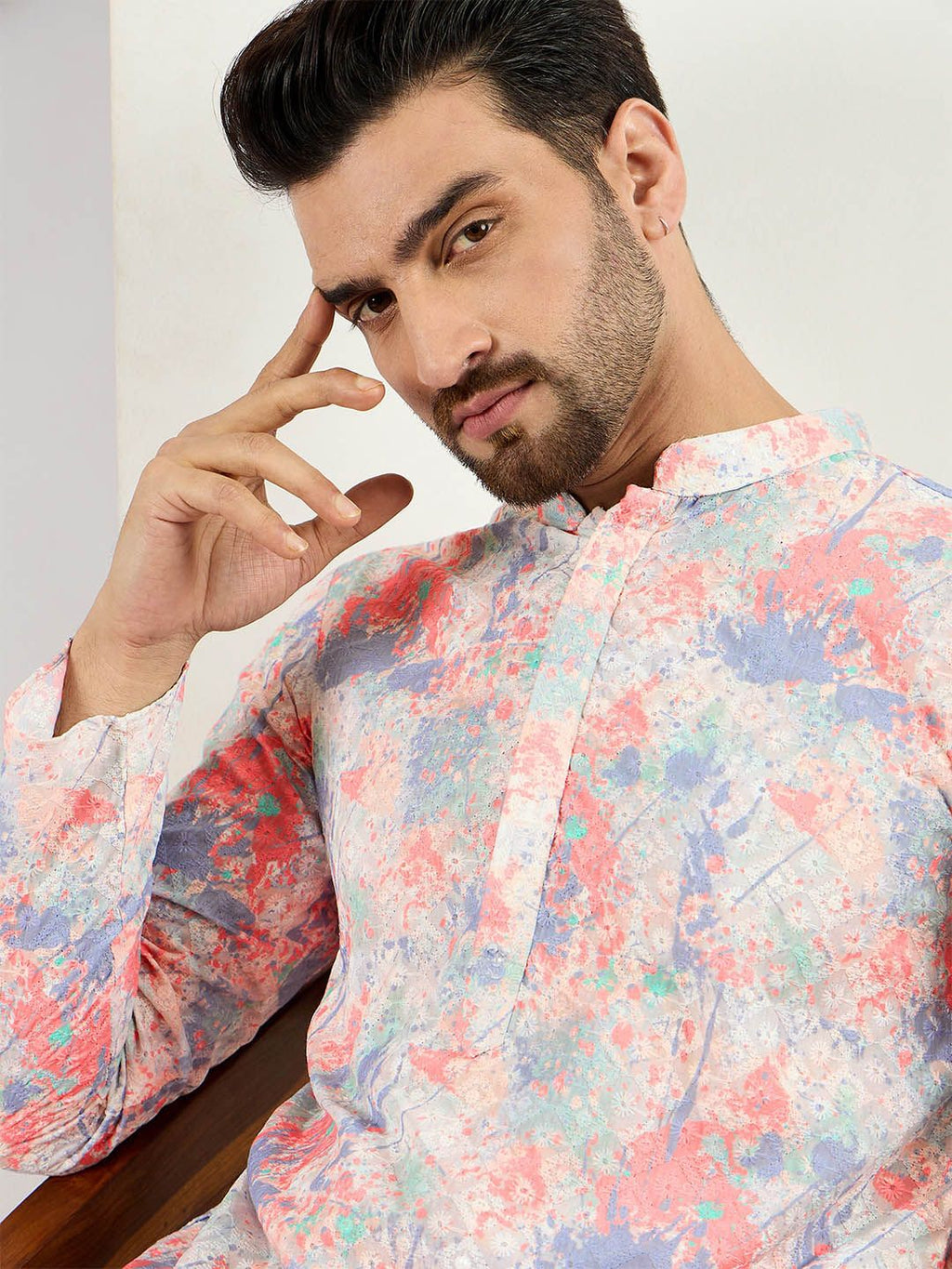 Men Off White Viscose Rayon Abstract Embroidered Straight Kurta With Pant Set-MKSET1082
