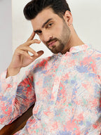 Men Off White Viscose Rayon Abstract Embroidered Straight Kurta With Pant Set-MKSET1082