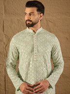 Men Green Viscose Rayon Solid Embroidered Straight Kurta With Pant Set-MKSET1238