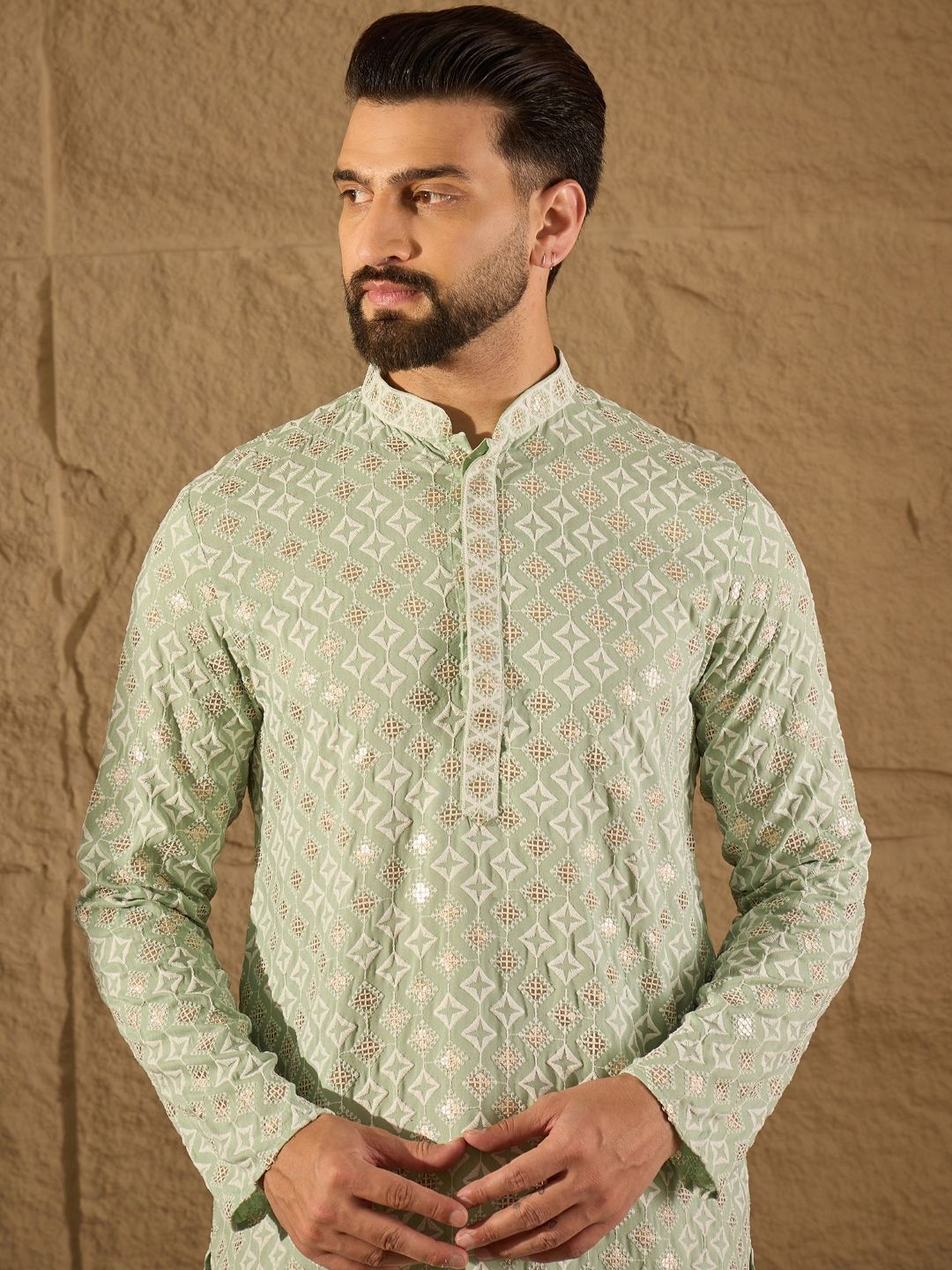 Men Green Viscose Rayon Solid Embroidered Straight Kurta With Pant Set-MKSET1238