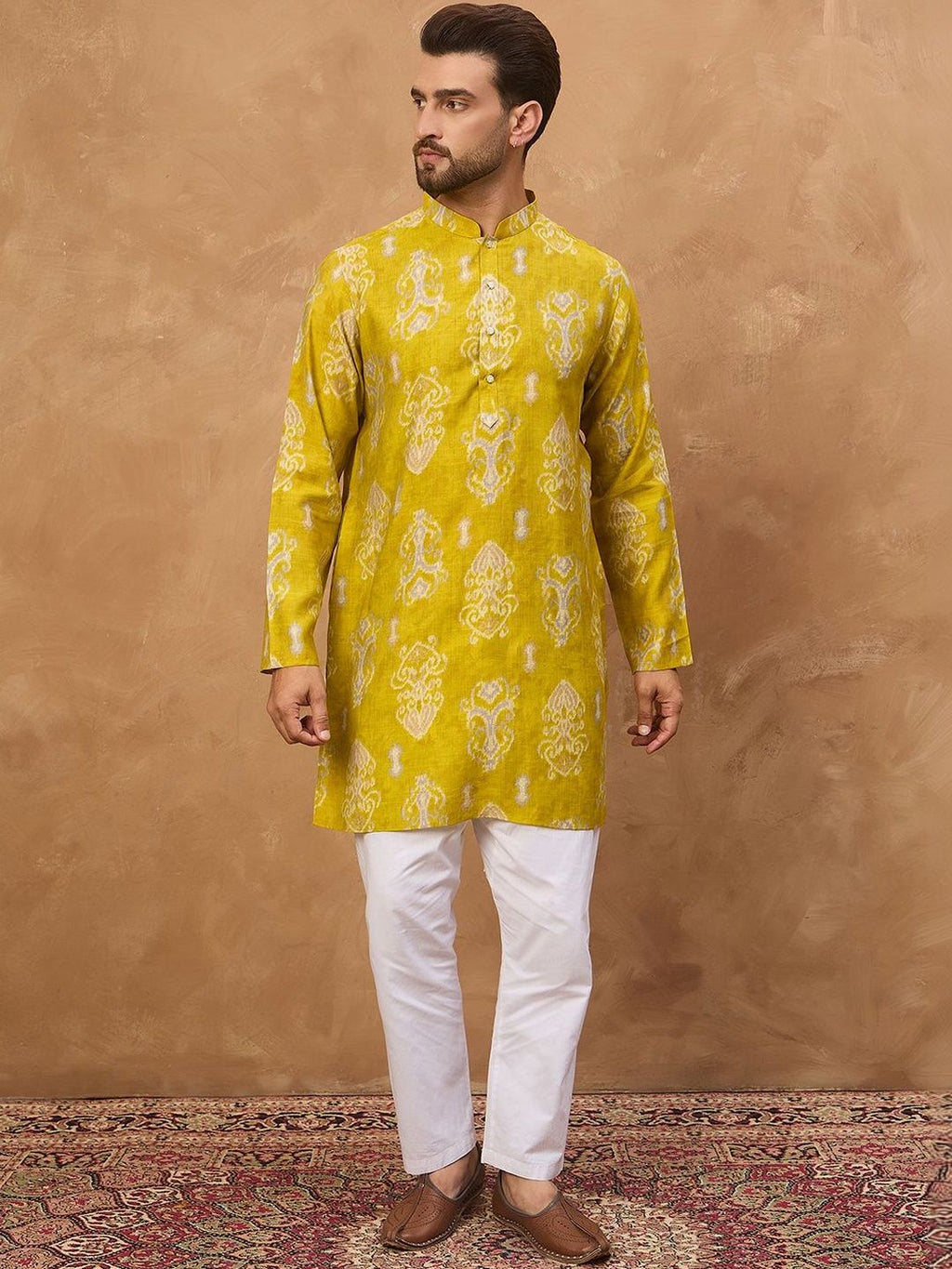Men Yellow Viscose Rayon Ikat Printed Straight Kurta With Pant Set-MKSET1543