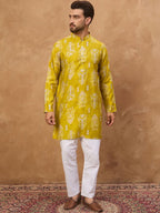 Men Yellow Viscose Rayon Ikat Printed Straight Kurta With Pant Set-MKSET1543