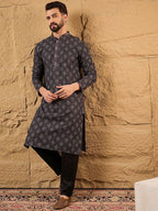 Mens Grey Viscose Rayon Ethnic Motifs Embroidered Chikankari Straight Kurta With Pant Set-MKSET1165