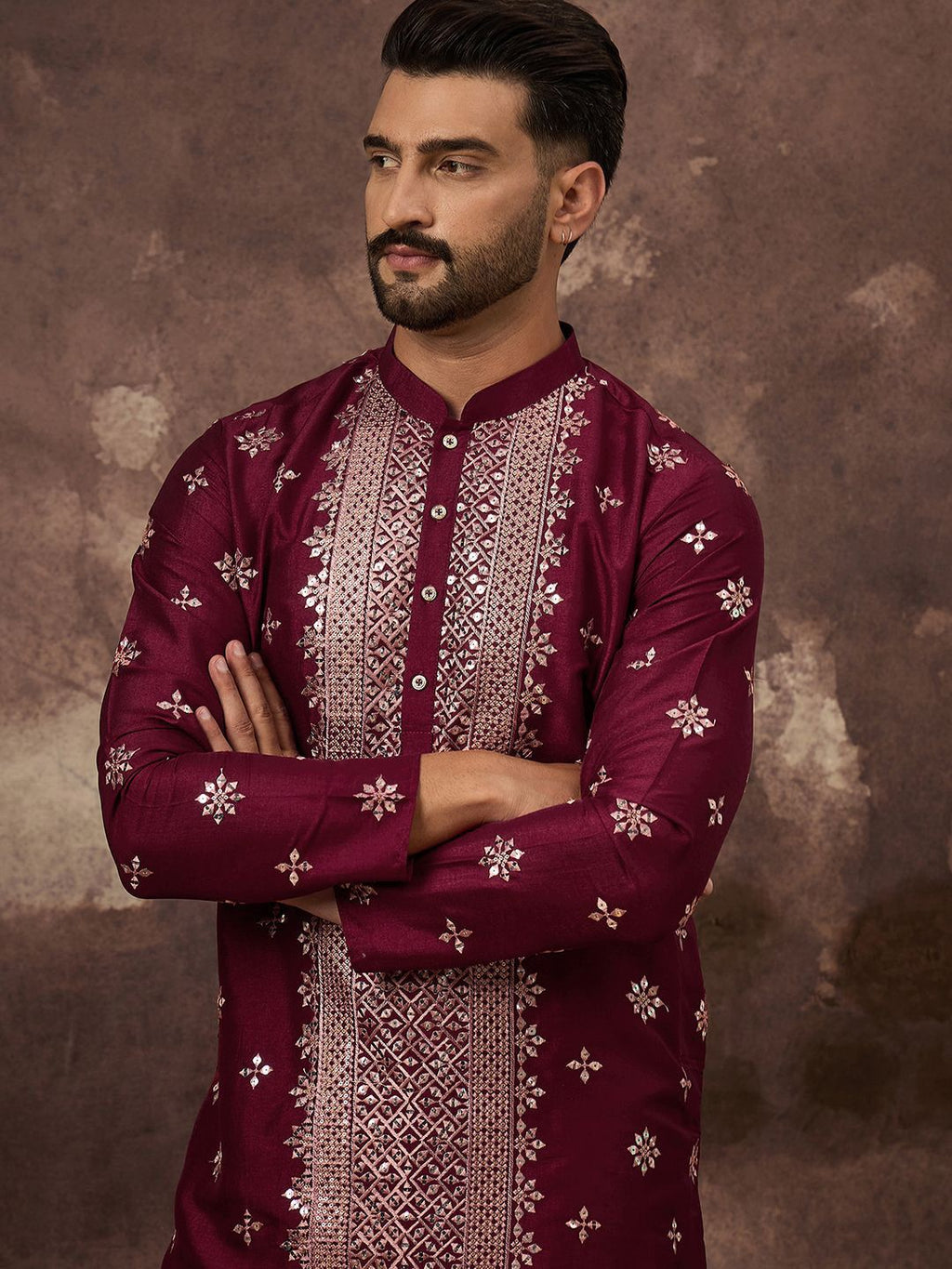 Men Maroon Silk Blend Solid Embroidered Straight Kurta With Pant Set-MKSET1369