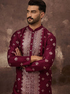 Men Maroon Silk Blend Solid Embroidered Straight Kurta With Pant Set-MKSET1369