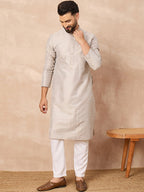 Men Grey Silk Geometric Printed Straight Kurta With Pant Set-MKSET1272