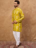 Men Yellow Viscose Rayon Ikat Printed Straight Kurta With Pant Set-MKSET1543
