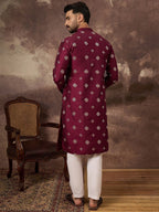 Men Maroon Silk Blend Solid Embroidered Straight Kurta With Pant Set-MKSET1369