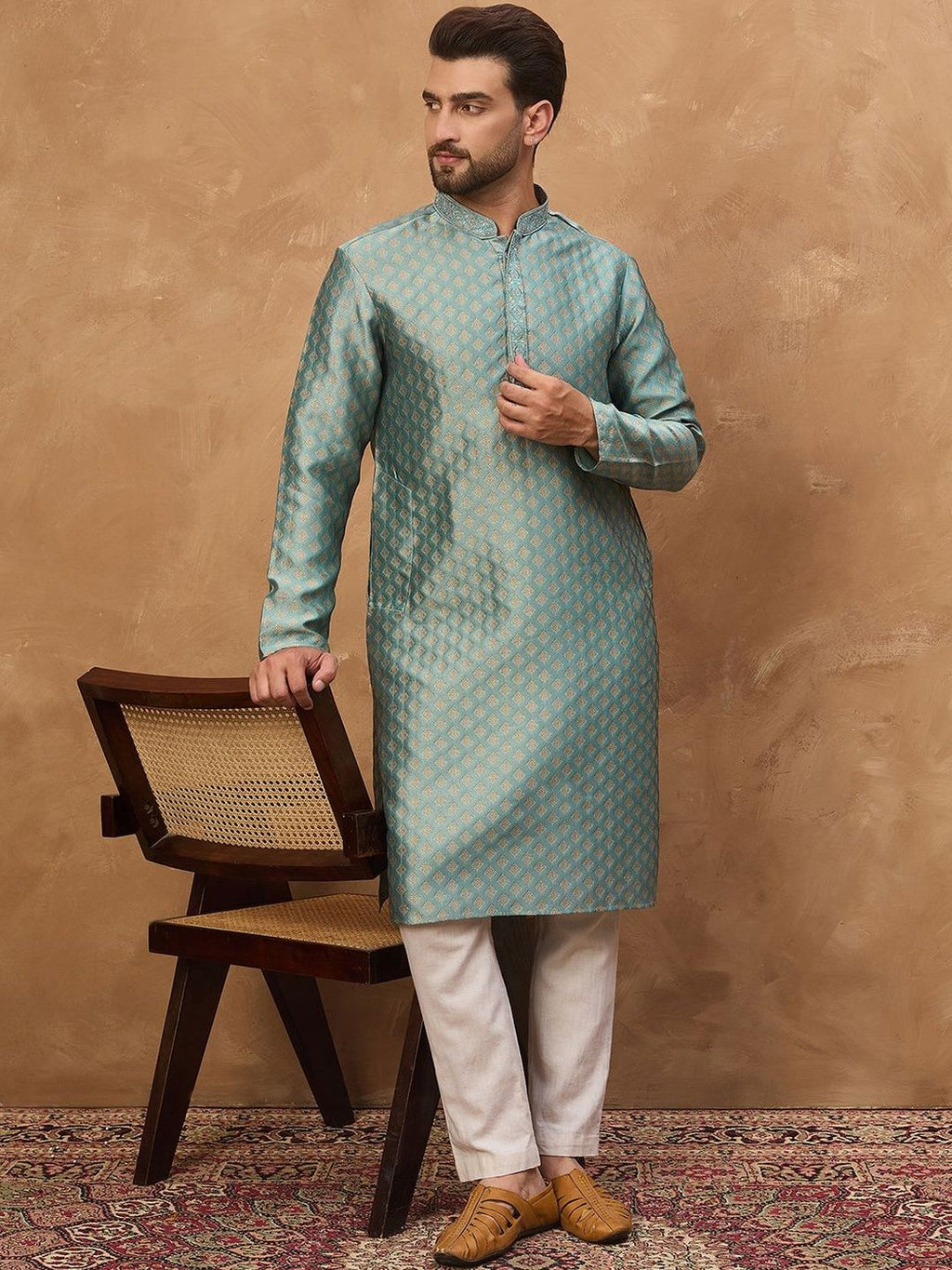 Men Blue Silk Blend Solid Woven Design Straight Kurta With Pant Set-MKSET1457