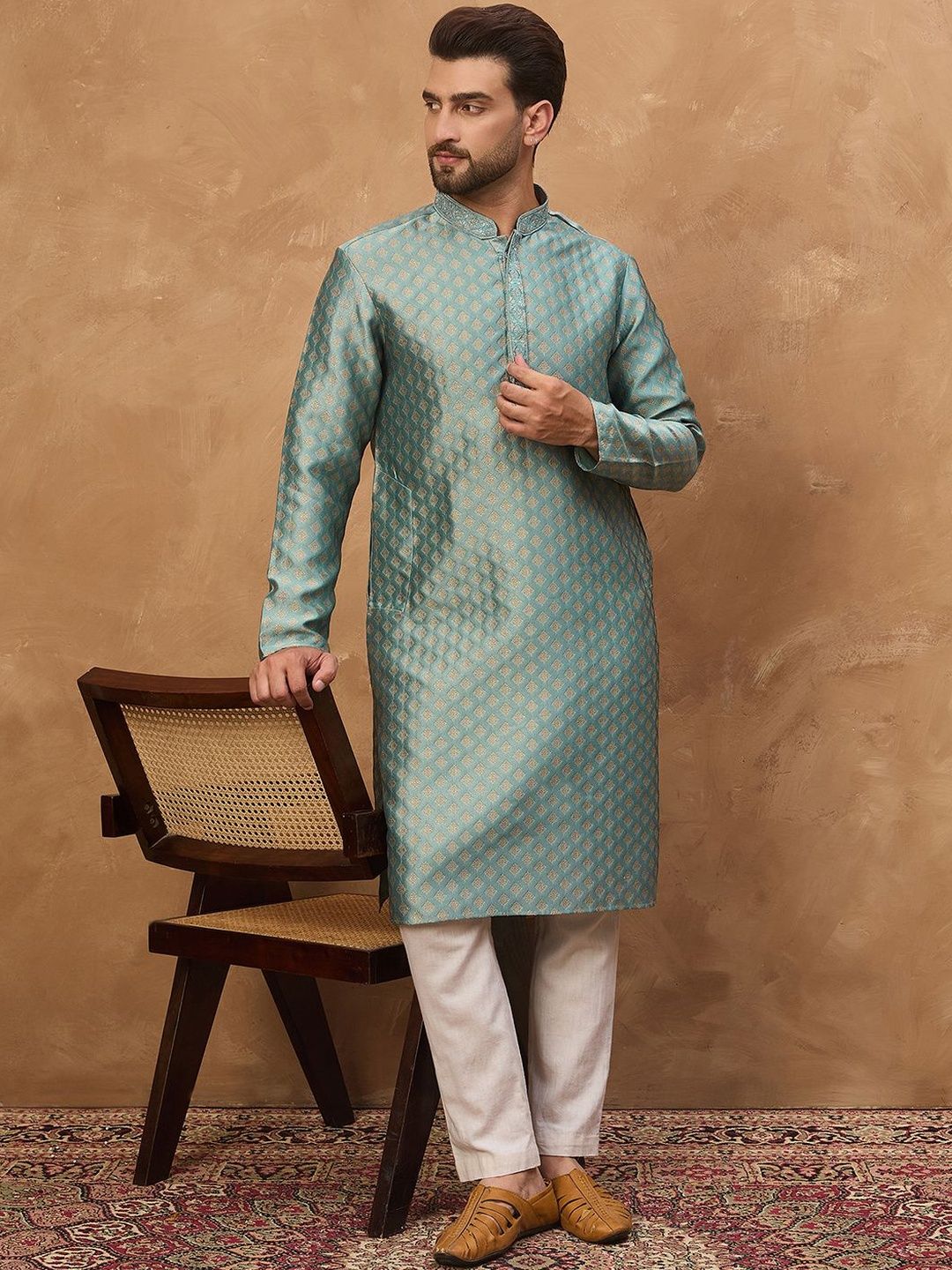 Men Blue Silk Blend Solid Woven Design Straight Kurta With Pant Set-MKSET1457