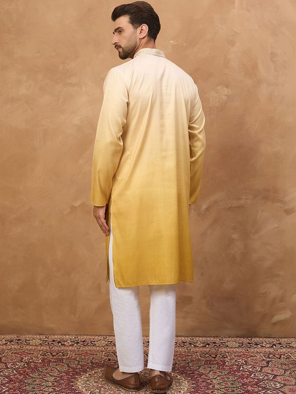 Men Yellow Silk Blend Solid Embroidered Straight Kurta With Pant Set-MKSET1486