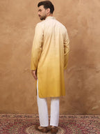 Men Yellow Silk Blend Solid Embroidered Straight Kurta With Pant Set-MKSET1486