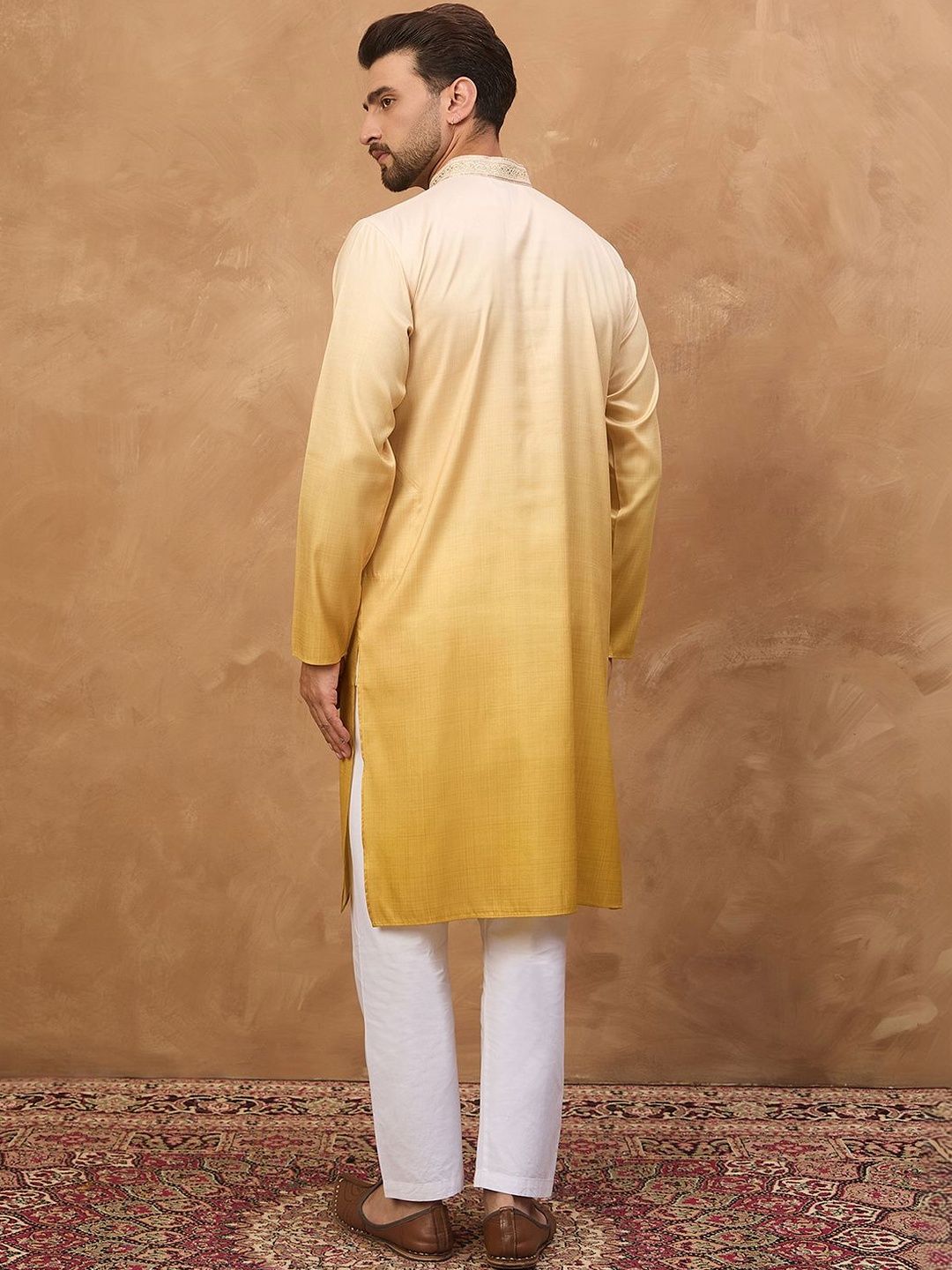 Men Yellow Silk Blend Solid Embroidered Straight Kurta With Pant Set-MKSET1486