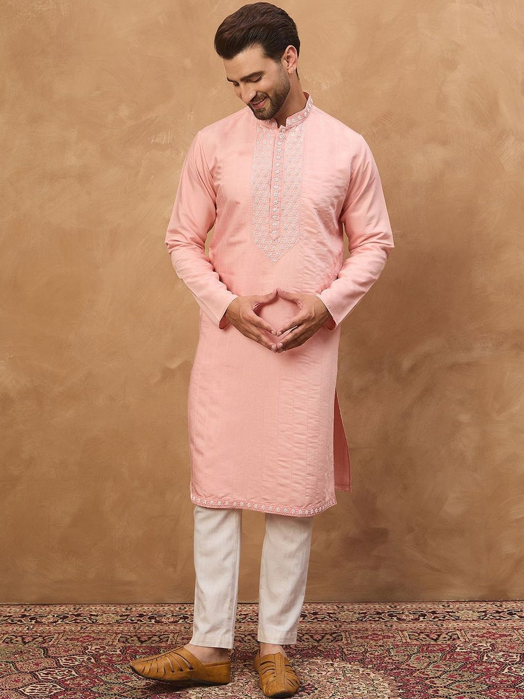 Men Peach Silk Blend Solid Solid Straight Kurta With Pant Set-MKSET1506