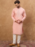 Men Peach Silk Blend Solid Solid Straight Kurta With Pant Set-MKSET1506