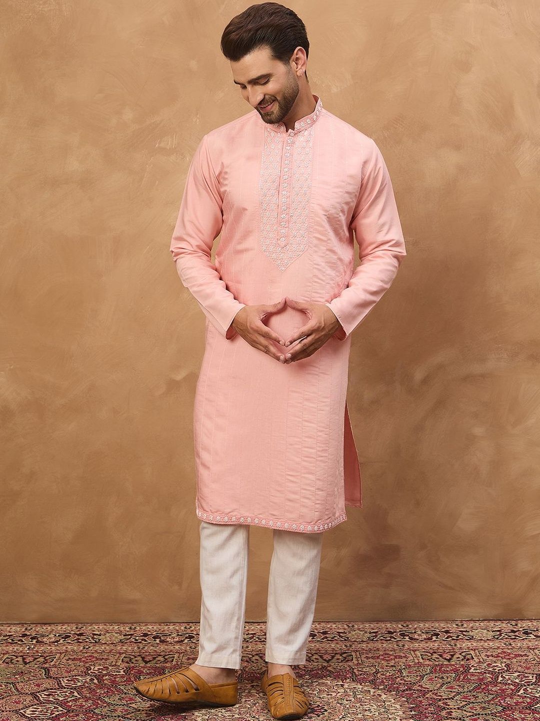 Men Peach Silk Blend Solid Solid Straight Kurta With Pant Set-MKSET1506