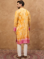 Men Yellow Silk Blend Batik Embroidered Straight Kurta With Pant Set-MKSET1513