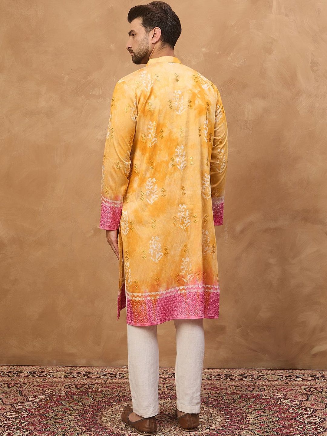 Men Yellow Silk Blend Batik Embroidered Straight Kurta With Pant Set-MKSET1513