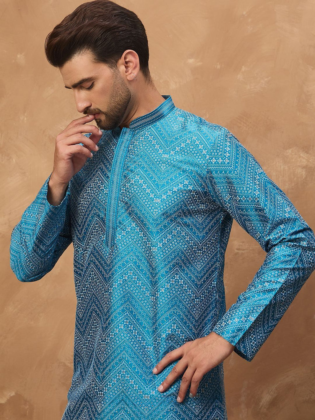 Men Blue Silk Blend Geometric Printed Straight Kurta With Pant Set-MKSET1531