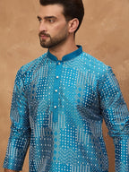 Men Blue Silk Blend Geometric Printed Straight Kurta With Pant Set-MKSET1527