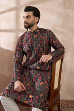Black Silk Blend Embroidered Mandarin Collar Straight Kurta MKU2096