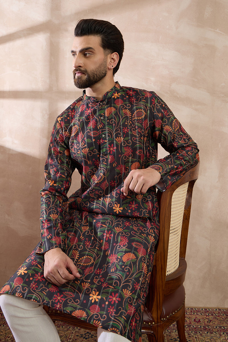 Black Silk Blend Embroidered Mandarin Collar Straight Kurta MKU2096