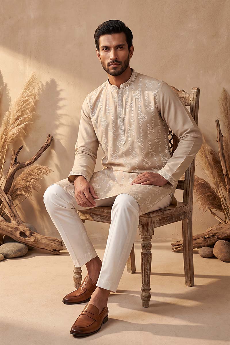 Beige Silk Blend Solid Embroidered Kurta MKU2089