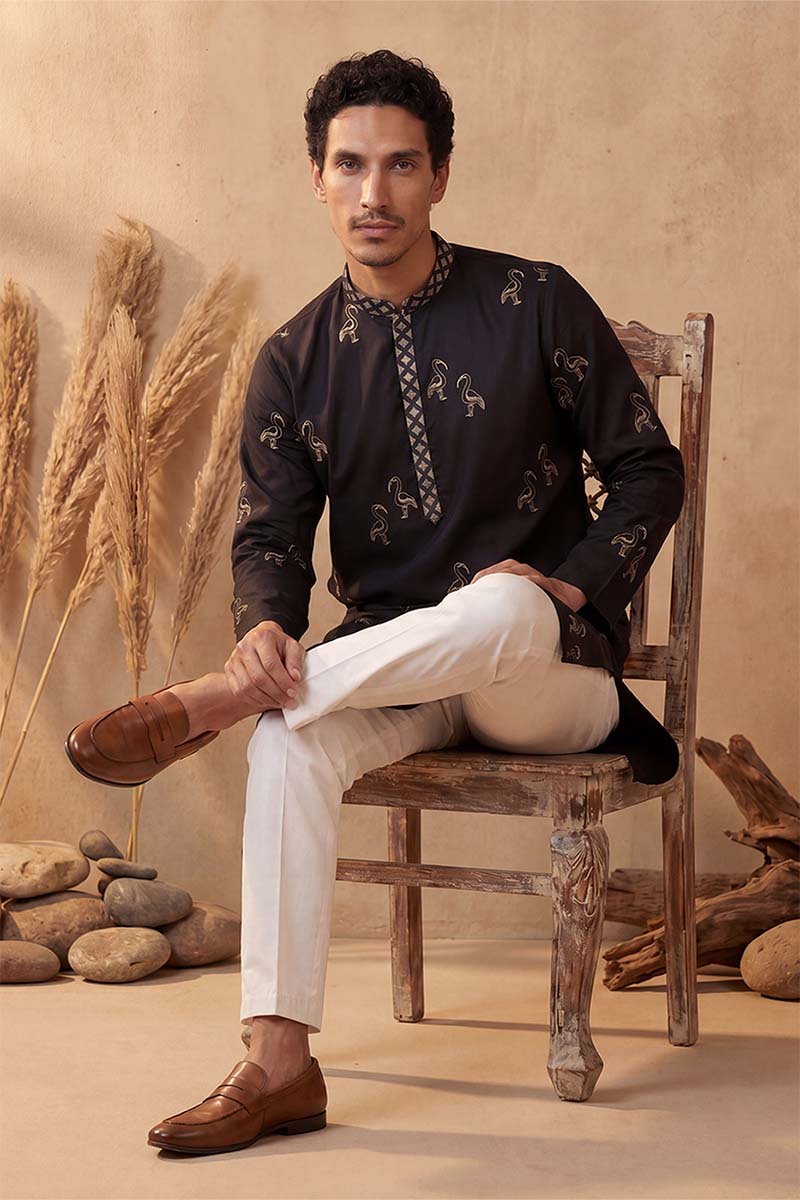 Black Silk Blend Solid Embroidered Kurta With Trousers MKSET1817
