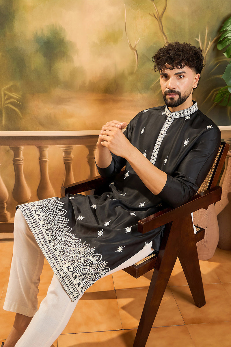 Black Silk Blend Solid Embroidered Straight Kurta MKU1441