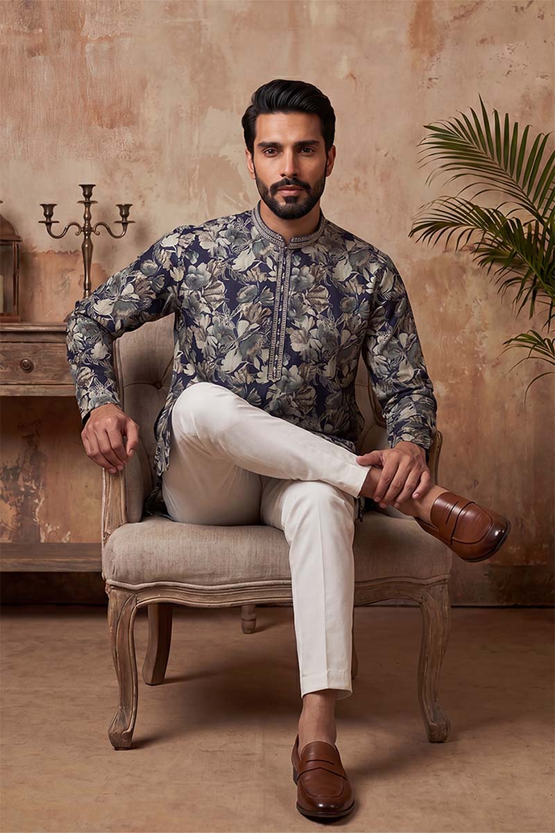 Blue Viscose Rayon Floral Printed Kurta With Trousers MKSET1982