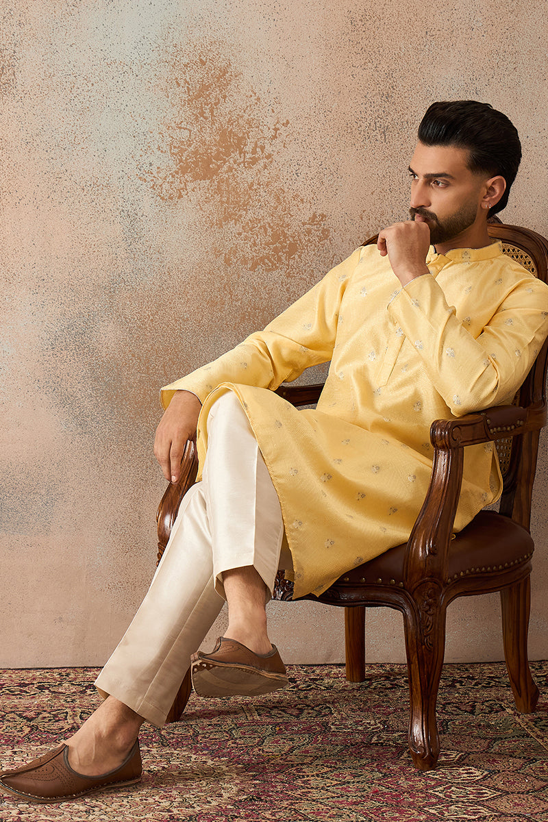 Yellow Silk Blend Floral Straight Kurta With Dupatta MKSET2216