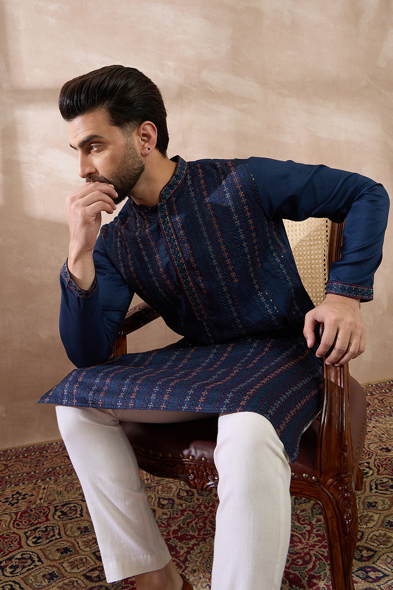 Navy Blue Silk Blend Embroidered Indian Wear for Men MKSET2040 | DesiQ