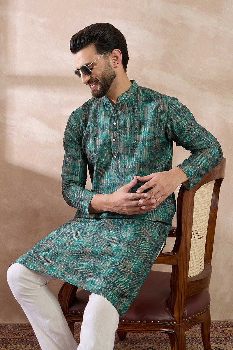 Green Silk Blend Printed Indian Wear for Men MKSET2021 | DesiQlo