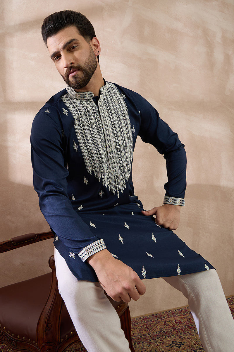 Navy Blue Silk Blend Embroidered Mandarin Collar Straight Kurta MKU1795
