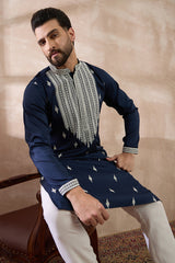 Navy Blue Silk Blend Embroidered Mandarin Collar Straight Kurta MKU1795