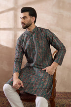 Green Silk Blend Printed Mandarin Collar Straight Kurta With Trouser MKSET2050