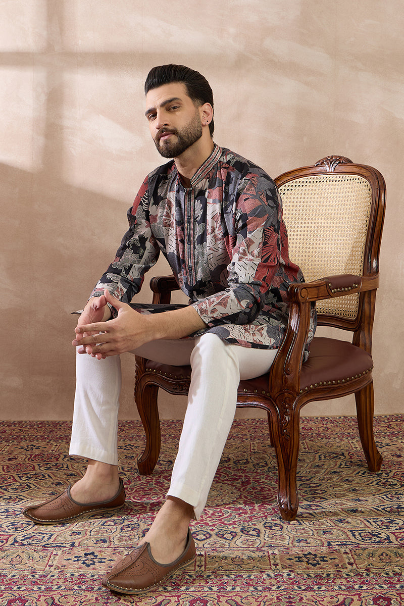 Black Silk Blend Printed Mandarin Collar Straight Kurta With Trouser MKSET1977